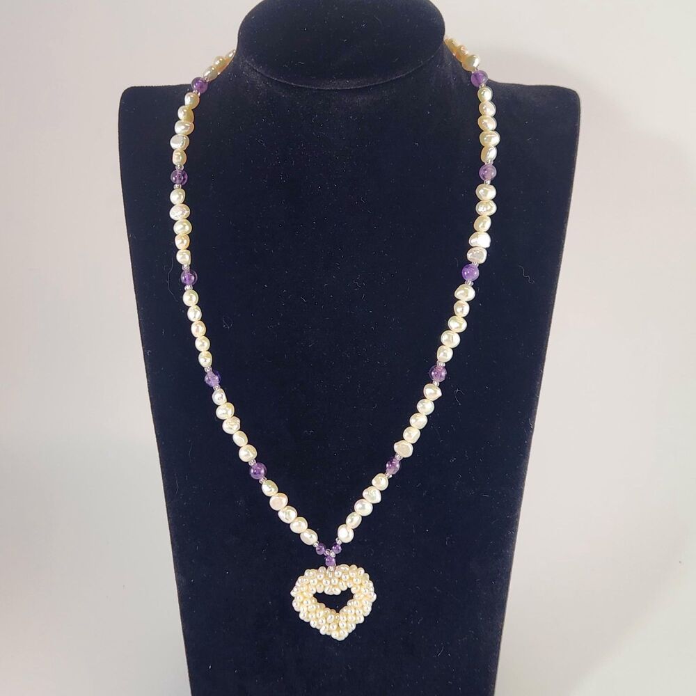 Freshwater Pearl Purple Amethyst Bead Necklace w Heart Pendant Lee Sands Jewelry